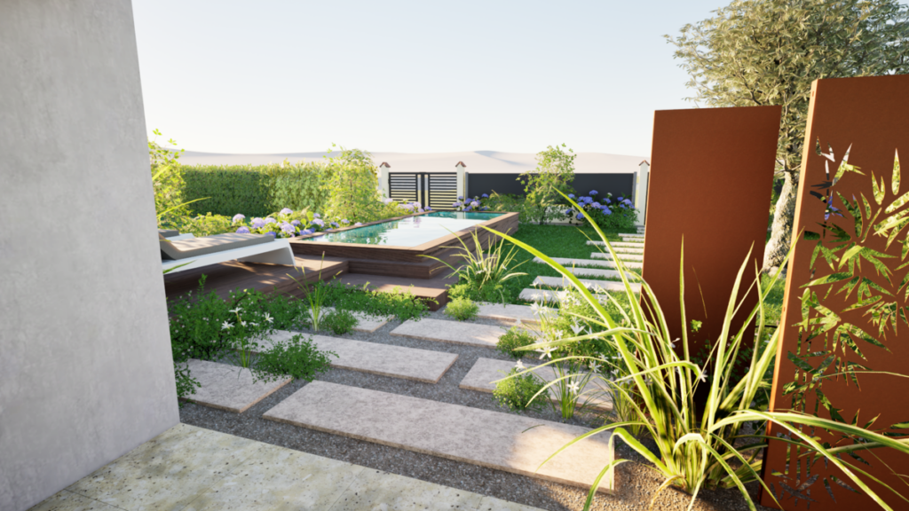 Jardin moderne avec piscine surélevée en bois, sentier en dalles claires, mur de rouille découpé, et végétation luxuriante sous un ciel clair.