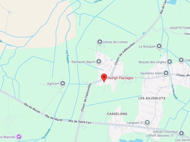 Localisation DeZign Paysages près de Vallesvilles Carte centrée sur DeZign Paysages, près du Chemin de Vallesvilles, Casselong, et Rte de Muret.
