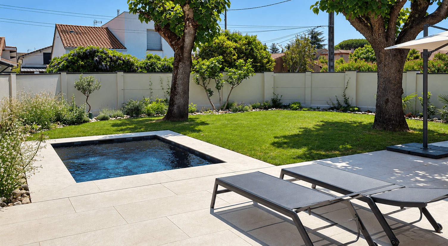 Petite piscine carrée sur terrasse en pierre avec transats noirs et pelouse ensoleillée.